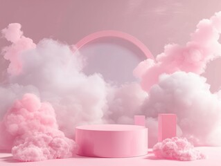 Background podium pink 3d product sky platform display cloud pastel scene render stand. Pink podium stage minimal abstract background beauty dreamy space studio pedestal smoke showcase geometric white