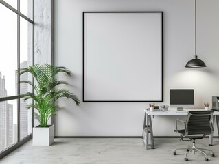 Canvas Print - Blank picture frame on white wall in modern office. Mock up, 3D Rendering