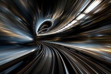 Poster - Dynamic curved tunnel with metallic design and vivid light trails creating a sci-fi and futuristic atmosphere.