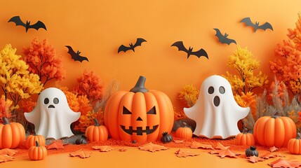 Bats fly over two ghosts and a Halloween pumpkin on an orange background. Copy space