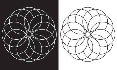 Simple overlapping circles vector drawing, version with three to seven objects, also interlocked rounds style.. Isolated on white and black background. Vector illustration. EPS 10