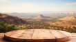 © Fang - Wooden table top on blur desert background. For montage product display. View of copy space., generative ai
