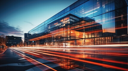 Wall Mural - Light trails on the modern building background. Light trails at night in urban environment, Abstract Motion Blur City., generative ai