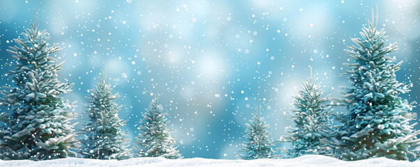 Wall Mural - Snowy winter tree background. Christmas and New Year tree borders in blue, widescreen, with an abstract blue background and snow