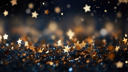 Wall Mural - Abstract background with Dark blue and gold particle. New year, Christmas background with gold stars and sparkling. Christmas Golden light shine particles bokeh ,generative ai