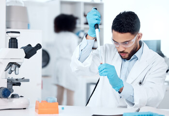 Aufkleber - Pipette, man or scientist checking blood sample for pharmaceutical medicine, healthcare or study. Biotech engineering, person or medical technician, science innovation and research in vaccine drugs