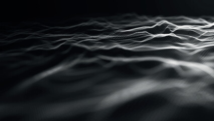 Poster - Futuristic point wave of particles. Visualization of sound waves. Technology or science banner. Abstract digital 3D wave. Vector illustration.