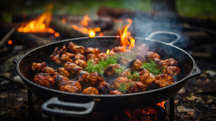 Fried mushrooms in a pan in the woods on fire. Food in nature. Cooking food on the road. Picnic,, generative ai