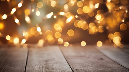 Wall Mural - Christmas background with warm bokeh lights on wooden table and copy space. fairy lights. Background with christmas lights. Christmas garland. New Year., generative ai