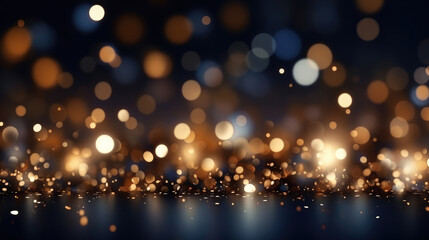 Wall Mural - abstract background with Dark blue and gold particle. Christmas Golden light shine particles bokeh on navy blue background. Gold foil texture. Holiday concept., generative ai