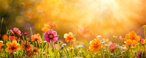 Fototapete - Summer flowers in the grass with an abstract art background of the sun's sky