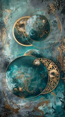 Wall Mural - Abstract painting using a teal and gold color palette featuring various sized circles overlapping and creating a sense of depth