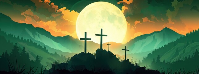 Wall Mural - A illustration of three crosses on a mountain, with a sunset sky in the background