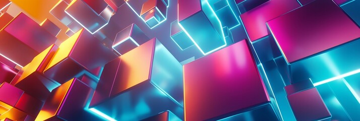 Wall Mural - Futuristic volumetric neon abstract with geometric shapes and bright digital design.