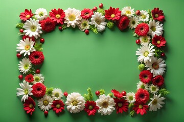 Wall Mural - A frame made of red and white flowers on a green background