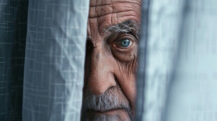 Wall Mural - An elderly man looks out from behind a grey curtain.