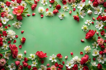 Wall Mural - A frame made of red and white flowers on a green background
