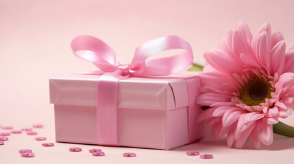 Wall Mural - Pink polka dot gift or present box on a pale pink background, decorated with a bow and ribbon, creating a romantic atmosphere. Used for birthday, anniversary presents,generative ai