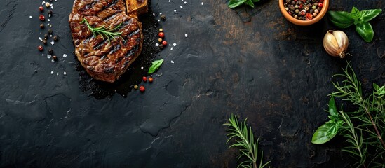 Wall Mural - Ribeye beef steak with grilled herbs and spices on a dark table, captured from above with empty space for text.