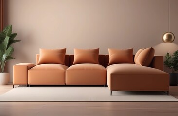 Corner sofa in a room with beige wall. Minimalist interior design of modern living room.