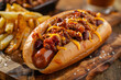 © vectorman92 - Mouthwatering chili cheese hot dog with fries on rustic wooden board