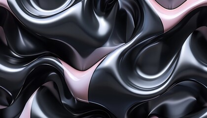 Canvas Print - 3d render of abstract metallic background with black and pink waves.