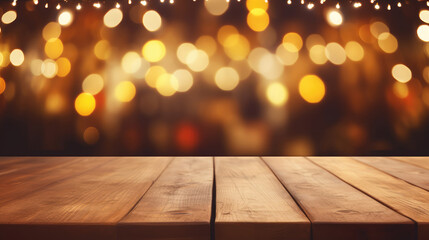 Wall Mural - Empty wooden table top with lights bokeh on blur restaurant background., generative ai