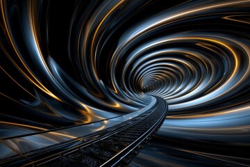 Poster - Dynamic curved tunnel with metallic design and vivid light trails creating a sci-fi and futuristic atmosphere.
