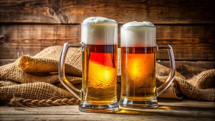 Wall Mural - Two half-filled beer glasses with frothy heads sit beside a national flag-adorned cushion on a rustic, woven background surface.