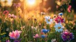 © Oatthapon - A meadow filled with flowers during sunset, with the flowers in the foreground captured in a realistic photo, backlit to emphasize their details