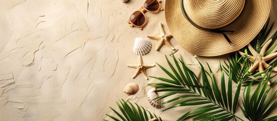 Canvas Print - Beach accessories for women including a straw hat, flip flops, shells, sunglasses, and palm leaves on a sandy background. Conveys an exotic, tropical atmosphere. Represents summer holidays and travel.