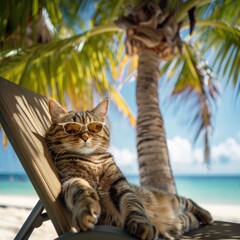 Wall Mural - A cat with glasses is lying on a chaise longue under a palm tree on the beach. The concept of rest, vacations. A bright sunny day.