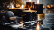 © Fang - Closeup of burning candle spreading aroma on marble table in a spa room. Beautiful composition with black and gold candles for spa treatment. Zen and relax concept., generative ai