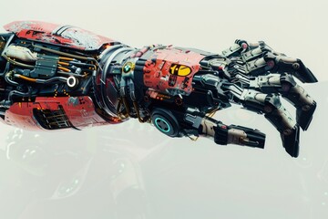 Poster - close-up of a robotic hand with distinctive red and black design, suitable for technology, innovatio