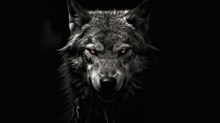 Wall Mural - Wolf on black background. Black and white portrait of wolf. Predator series. digital art,, generative ai