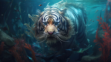 Tiger underwater. wildlife animal background. Surreal concept art. Digital art, generative ai