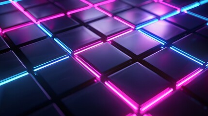 Canvas Print - A 3D render of futuristic floor tiles illuminated by neon lights, representing concepts of innovation, futurism, and modern design aesthetics