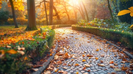 Wall Mural - vibrant autumn park scene golden leaves carpeting winding path sunlight filtering through colorful foliage crisp fall atmosphere