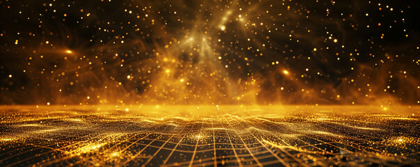 Fototapete - undefined background golden-colored ground, stars, and dust, with a flared perspective grid. futuristic space glitter against a dark background
