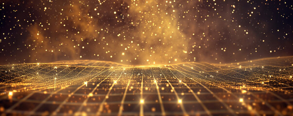 Fototapete - undefined background golden-colored ground, stars, and dust, with a flared perspective grid. futuristic space glitter against a dark background