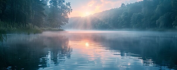 Wall Mural - A serene lake at dawn, with mist rising from the water's surface.