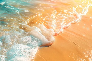 Canvas Print - Warm golden sunlight captures the gentle wave foam washing up on a sandy beach