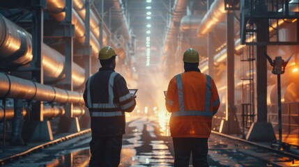 Poster - Two industrial workers in hard hats and safety vests stand in a large factory, inspecting pipes and holding tablets