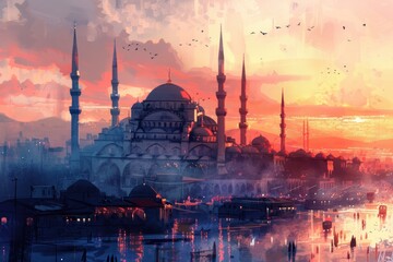 Wall Mural - Artistic illustration of Istanbul at dusk with mosque and glowing city lights