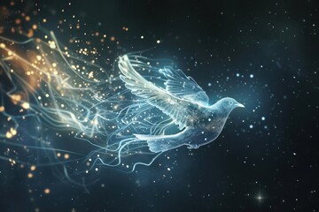 Wall Mural - magical avian fantasy luminous bird midflight trailing sparks and ethereal light against a dark starry background