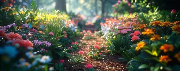 Wall Mural - A tranquil garden in full bloom, with colorful flowers, lush greenery, and the sound of birdsong filling the air.