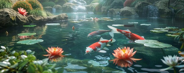 Wall Mural - A tranquil garden pond, with koi fish swimming lazily in its clear waters and water lilies floating on the surface.