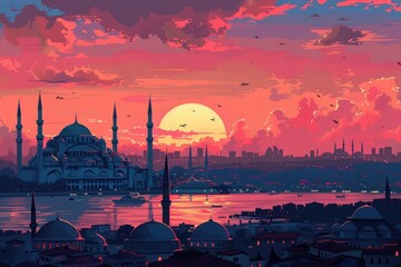 Wall Mural - Landscape at the sunset of Istanbul, Turkey - mosque, bosphorus, Comic Book style
