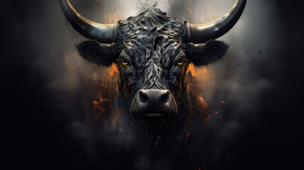 Portrait of black bull on black background, close up. animal wildlife. digital art, generative ai
