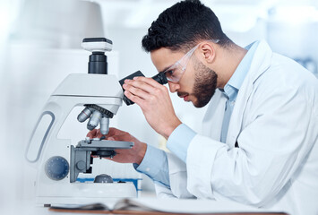 Poster - Man, microscope and examine research in lab, biochemist and innovation healthcare study with virus sample. Investigation, cure development and disease analysis or breakthrough, medical and equipment